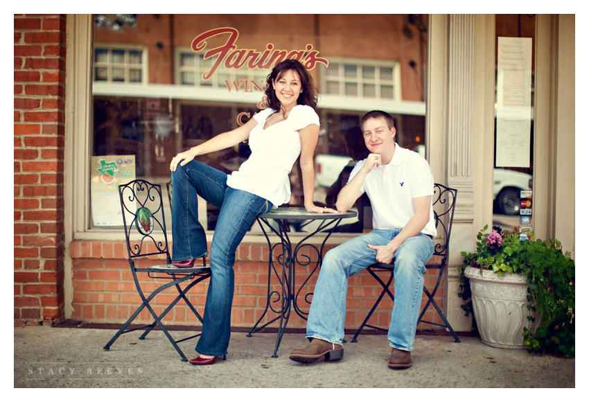 engagement session photos of Julie Lasater and Colin Beal in historic downtown Grapevine near Main Street by Dallas wedding photographer Stacy Reeves