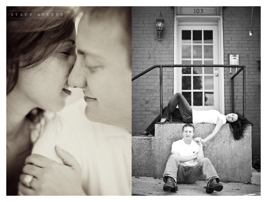 engagement session photos of Julie Lasater and Colin Beal in historic downtown Grapevine near Main Street by Dallas wedding photographer Stacy Reeves