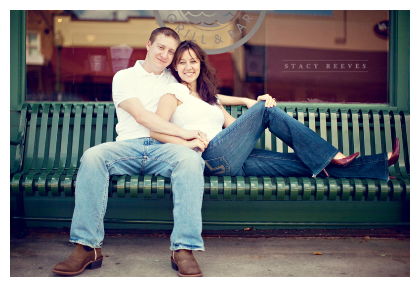 engagement session photos of Julie Lasater and Colin Beal in historic downtown Grapevine near Main Street by Dallas wedding photographer Stacy Reeves