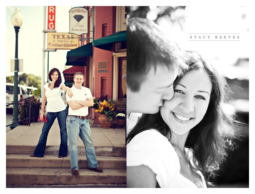 engagement session photos of Julie Lasater and Colin Beal in historic downtown Grapevine near Main Street by Dallas wedding photographer Stacy Reeves