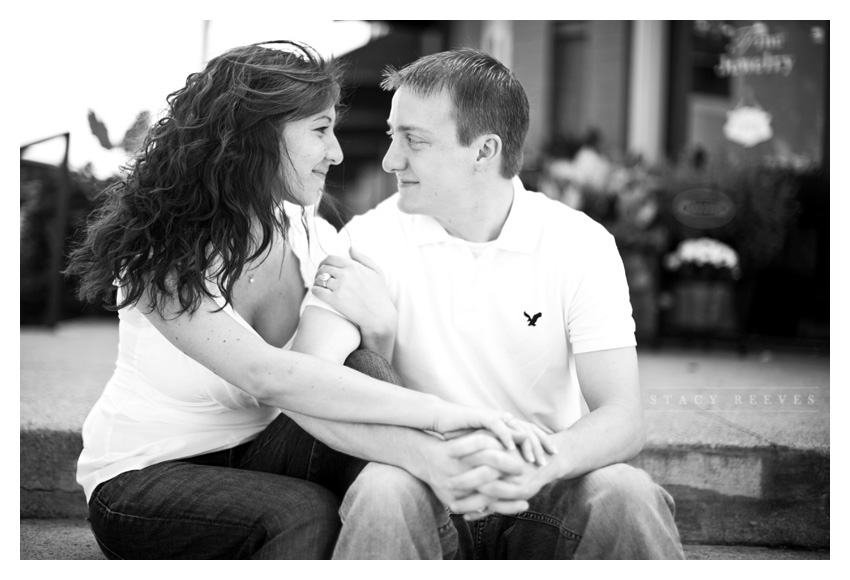 engagement session photos of Julie Lasater and Colin Beal in historic downtown Grapevine near Main Street by Dallas wedding photographer Stacy Reeves