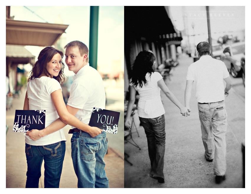 engagement session photos of Julie Lasater and Colin Beal in historic downtown Grapevine near Main Street by Dallas wedding photographer Stacy Reeves