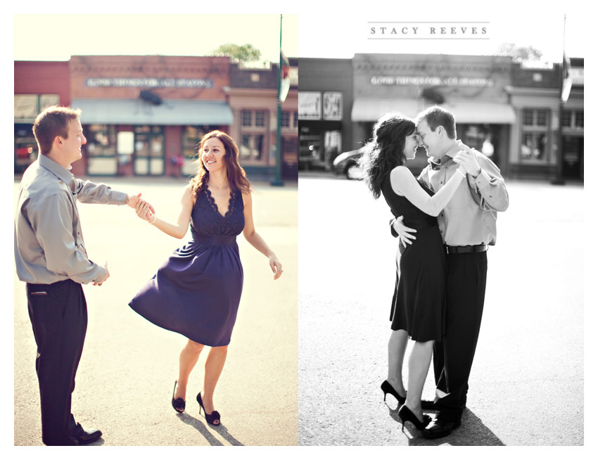 engagement session photos of Julie Lasater and Colin Beal in historic downtown Grapevine near Main Street by Dallas wedding photographer Stacy Reeves