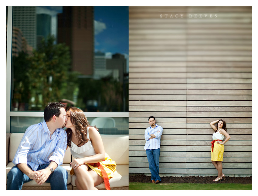 Engagement session of Jamie Riley and Garrett Roy at Discovery Green park in Houston by Dallas wedding photographer Stacy Reeves