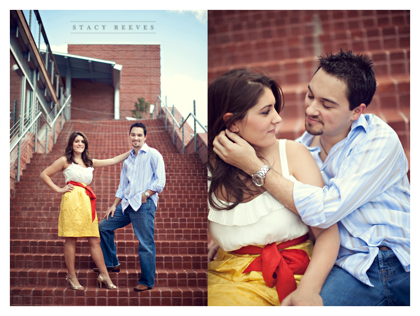 Engagement photos of Jamie Riley and Garrett Roy at Discovery Green Park in downtown Houston by Dallas wedding photographer Stacy Reeves