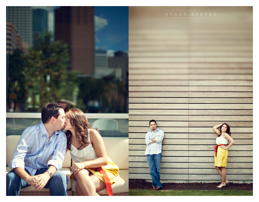 Engagement photos of Jamie Riley and Garrett Roy at Discovery Green Park in downtown Houston by Dallas wedding photographer Stacy Reeves
