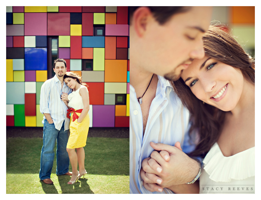 Engagement photos of Jamie Riley and Garrett Roy at Discovery Green Park in downtown Houston by Dallas wedding photographer Stacy Reeves