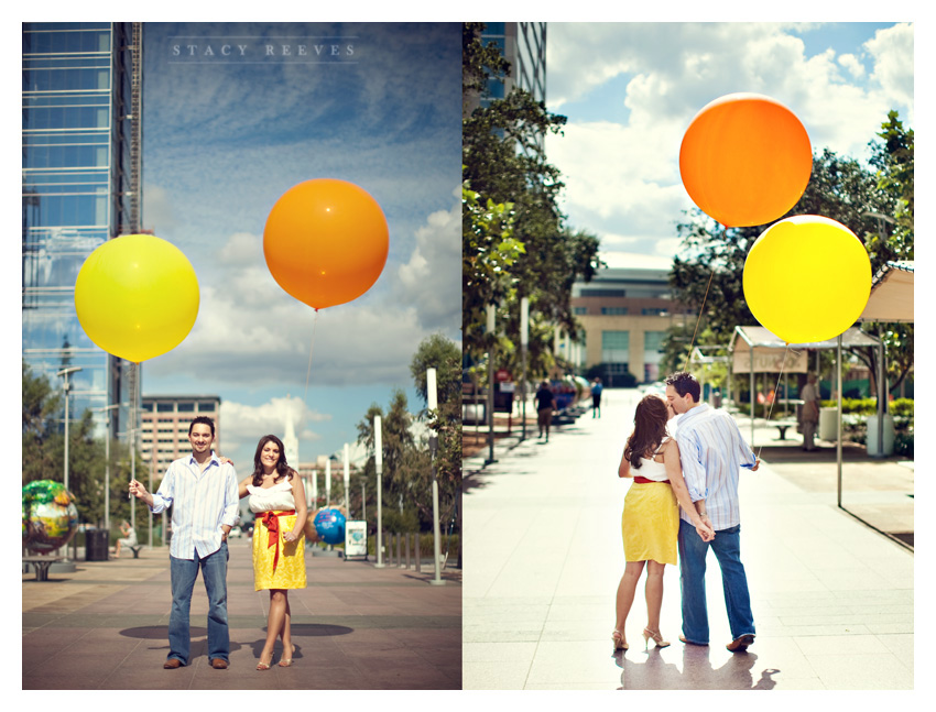 Engagement photos of Jamie Riley and Garrett Roy at Discovery Green Park in downtown Houston by Dallas wedding photographer Stacy Reeves