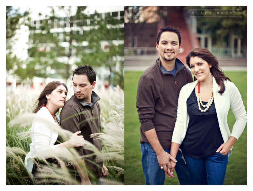 Engagement photos of Jamie Riley and Garrett Roy at Discovery Green Park in downtown Houston by Dallas wedding photographer Stacy Reeves