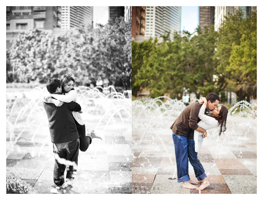 Engagement photos of Jamie Riley and Garrett Roy at Discovery Green Park in downtown Houston by Dallas wedding photographer Stacy Reeves