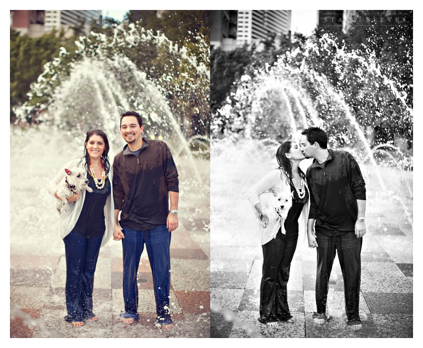 Engagement photos of Jamie Riley and Garrett Roy at Discovery Green Park in downtown Houston by Dallas wedding photographer Stacy Reeves