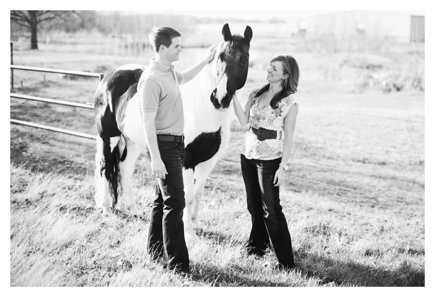 Rustic country equestrian engagement photo portrait session of Jessica Atkins and Rawley Farrell at Walking Tall horse ranch in Aubrey and Pilot Point Texas by Dallas wedding photographer Stacy Reeves