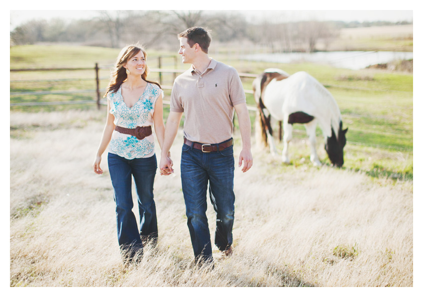 Rustic country equestrian engagement photo portrait session of Jessica Atkins and Rawley Farrell at Walking Tall horse ranch in Aubrey and Pilot Point Texas by Dallas wedding photographer Stacy Reeves