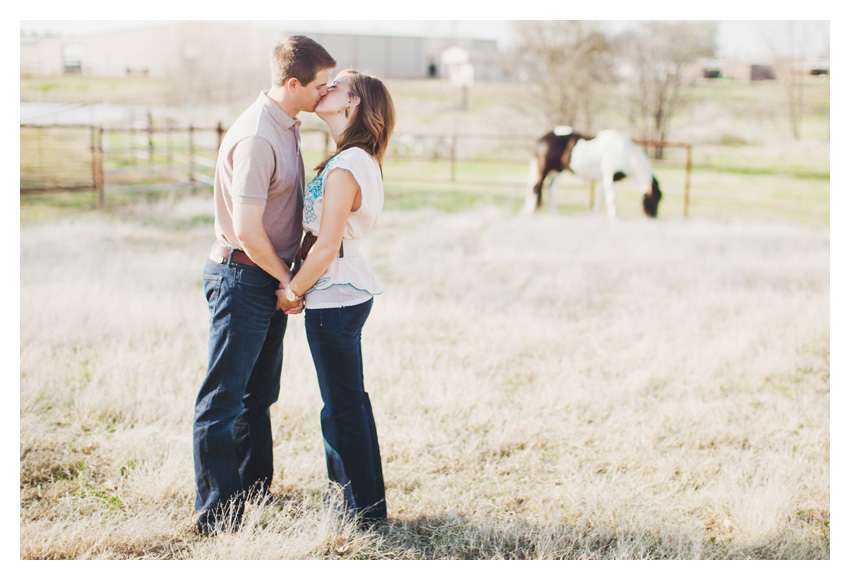 Rustic country equestrian engagement photo portrait session of Jessica Atkins and Rawley Farrell at Walking Tall horse ranch in Aubrey and Pilot Point Texas by Dallas wedding photographer Stacy Reeves