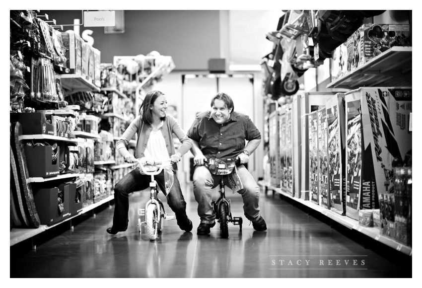 engagement session of Lisa Kirk and Grant Speer in Wal-Mart by Plano wedding photographer Stacy Reeves