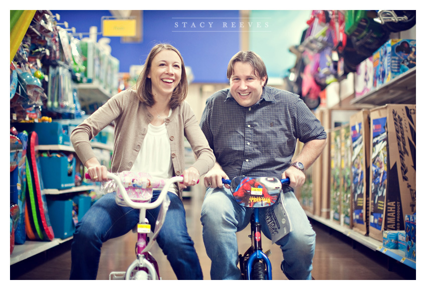 engagement session of Lisa Kirk and Grant Speer in Wal-Mart by Frisco wedding photographer Stacy Reeves