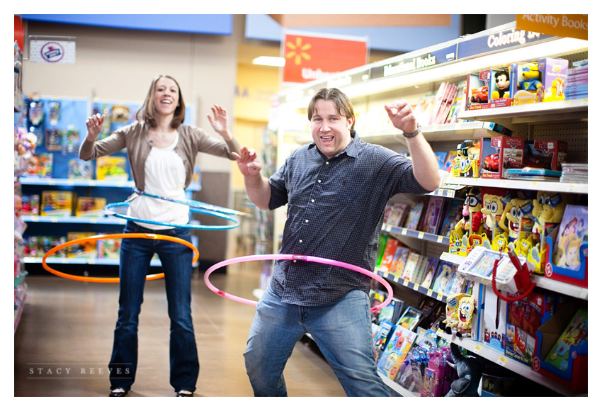 engagement session of Lisa Kirk and Grant Speer in Wal-Mart by Southlake wedding photographer Stacy Reeves