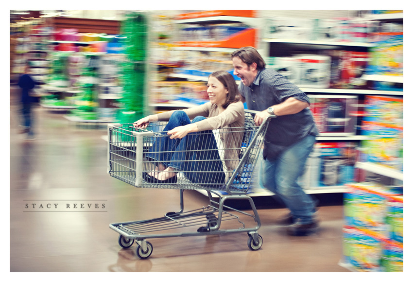 engagement session of Lisa Kirk and Grant Speer in Wal-Mart by Dallas wedding photographer Stacy Reeves