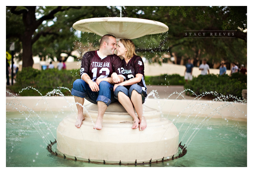 engagement photo session of Marcy Novak and Kyle Gilbert in Aggieland College Station on the Texas A&M University campus by Dallas Aggie wedding photographer Stacy Reeves