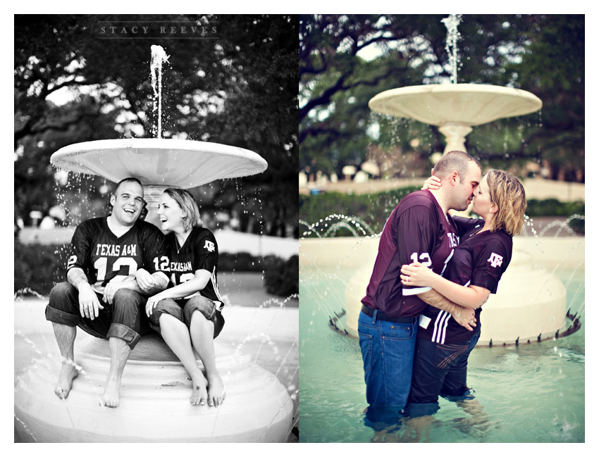 engagement photo session of Marcy Novak and Kyle Gilbert in Aggieland College Station on the Texas A&M University campus by Dallas Aggie wedding photographer Stacy Reeves