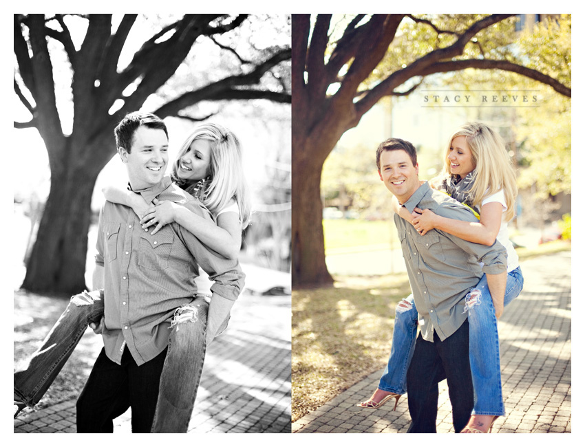 Engagement photo session of Pamela Pammie Tucker and Kyle at Arlington Hall and Lee Park in the Turtle Creek area of downtown Dallas by wedding photographer Stacy Reeves