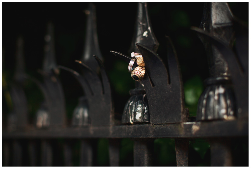 wedding band and engagement ring detail shot photo with Aggie Ring and US Naval Academy ring on wrought iron garden gate