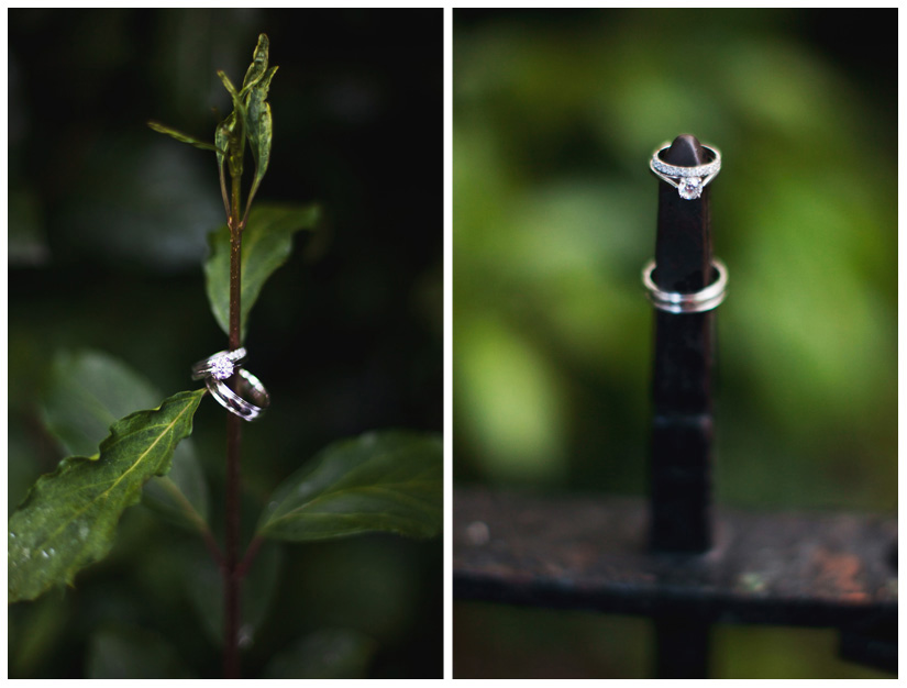 wedding band and engagement ring detail shot photo on wrought iron garden gates