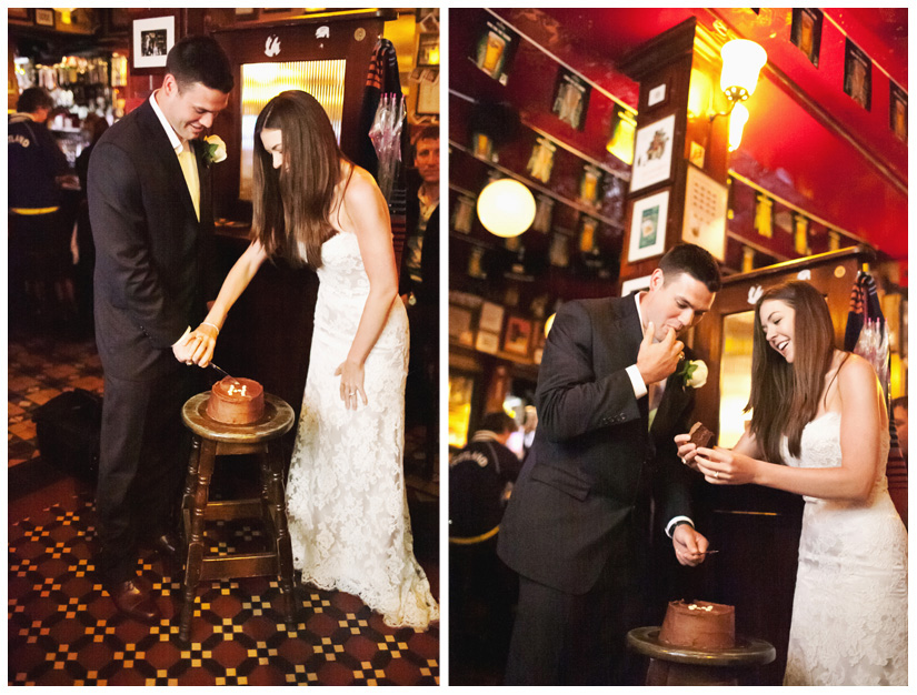 Erin Mazur and Tyler Hufstetler cut their wedding cake at Temple Bar in Dublin Ireland during their wedding reception