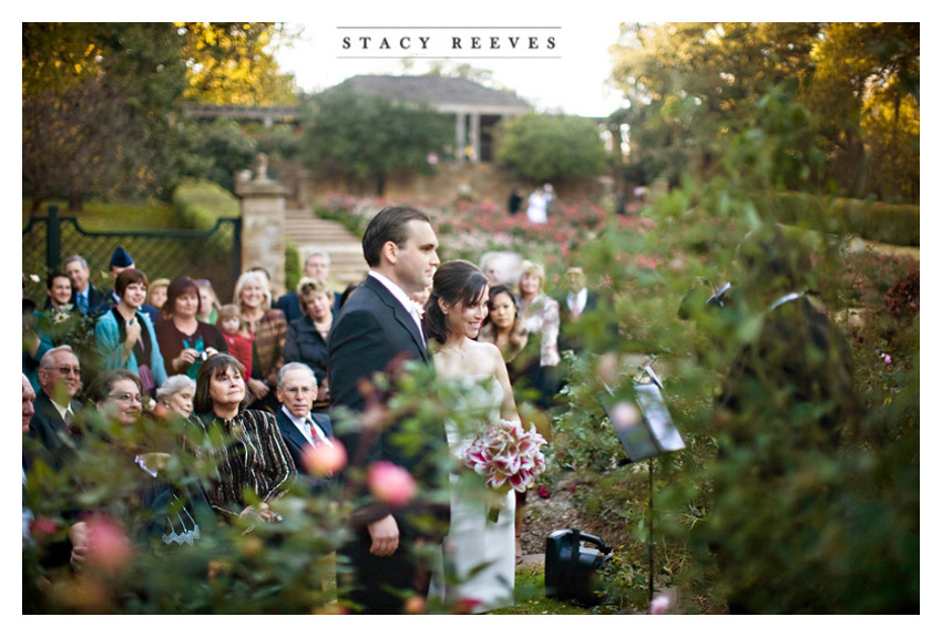 wedding ceremony and reception photos of Jennifer Jenni Neubauer and Cade Lovelace at the Fort Worth Botanical Garden Lower Rose Gardenand the Reata rooftop downtown by Dallas wedding photographer Stacy Reeves